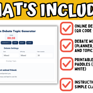 Classroom debate generator activity pack with worksheets, QR code tool, and printable for and against paddles