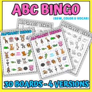 ABC bingo printable with color, vocabulary, and black and white bingo boards for kids