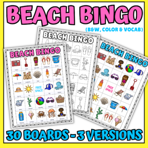 Beach bingo printable pack featuring three bingo board versions including color, black and white, and vocabulary beach bingo with 30 boards in each set.