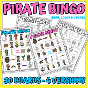 Pirate bingo printable game with 30 boards in color, black-and-white, and vocabulary versions for kids classroom activities and pirate parties
