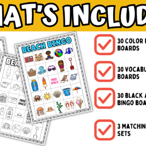 Beach bingo printable with 90 unique summer bingo boards in color, vocabulary, and black and white versions.