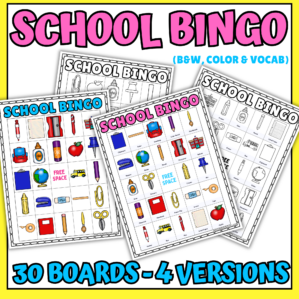 School bingo printable game with color, black-and-white, and vocabulary bingo boards for preschool and elementary students