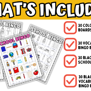 School bingo printable pack showing 30 bingo boards in color, black-and-white, and vocabulary versions for classroom and homeschool activities