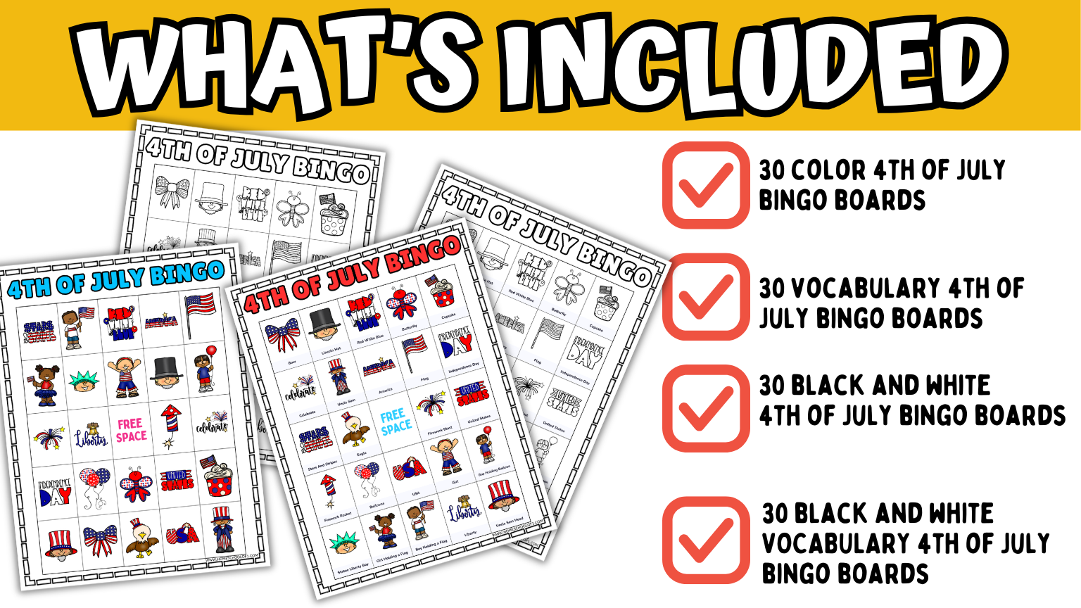 whats included in the 4th of july bingo pack