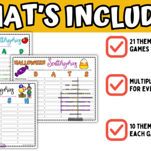 Printable Scattergories worksheets with 21 themed games, multiple game boards, and classroom vocabulary activities for elementary students.