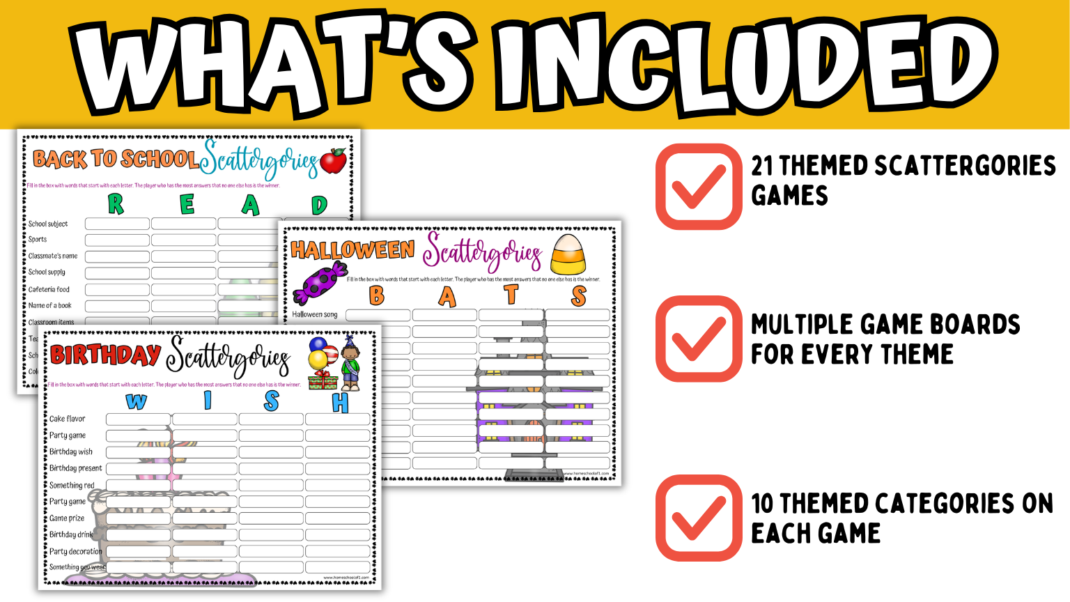 Printable Scattergories worksheets with 21 themed games, multiple game boards, and classroom vocabulary activities for elementary students.