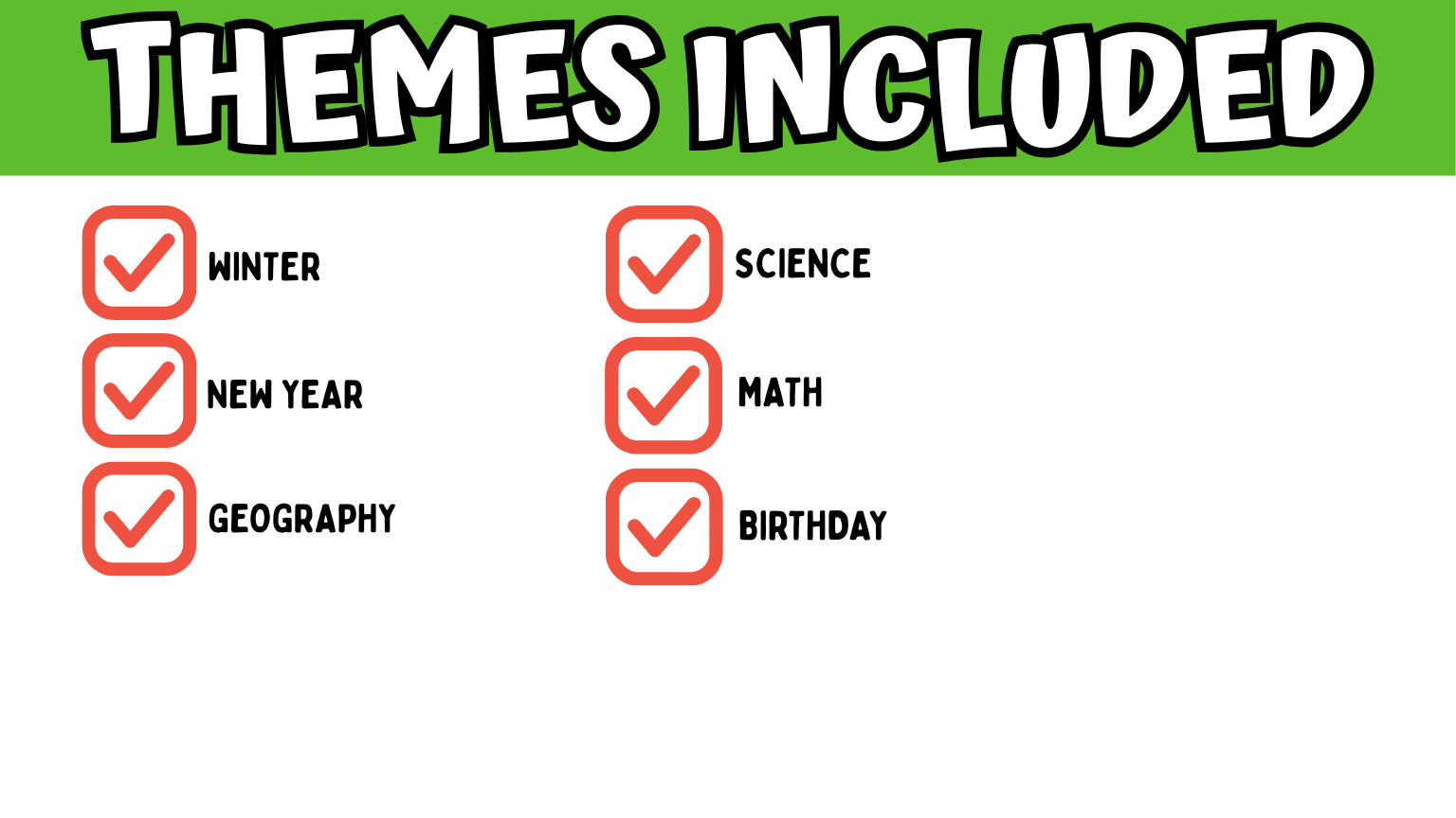 Educational Scattergories games featuring winter, New Year, geography, science, math, and birthday classroom activities.