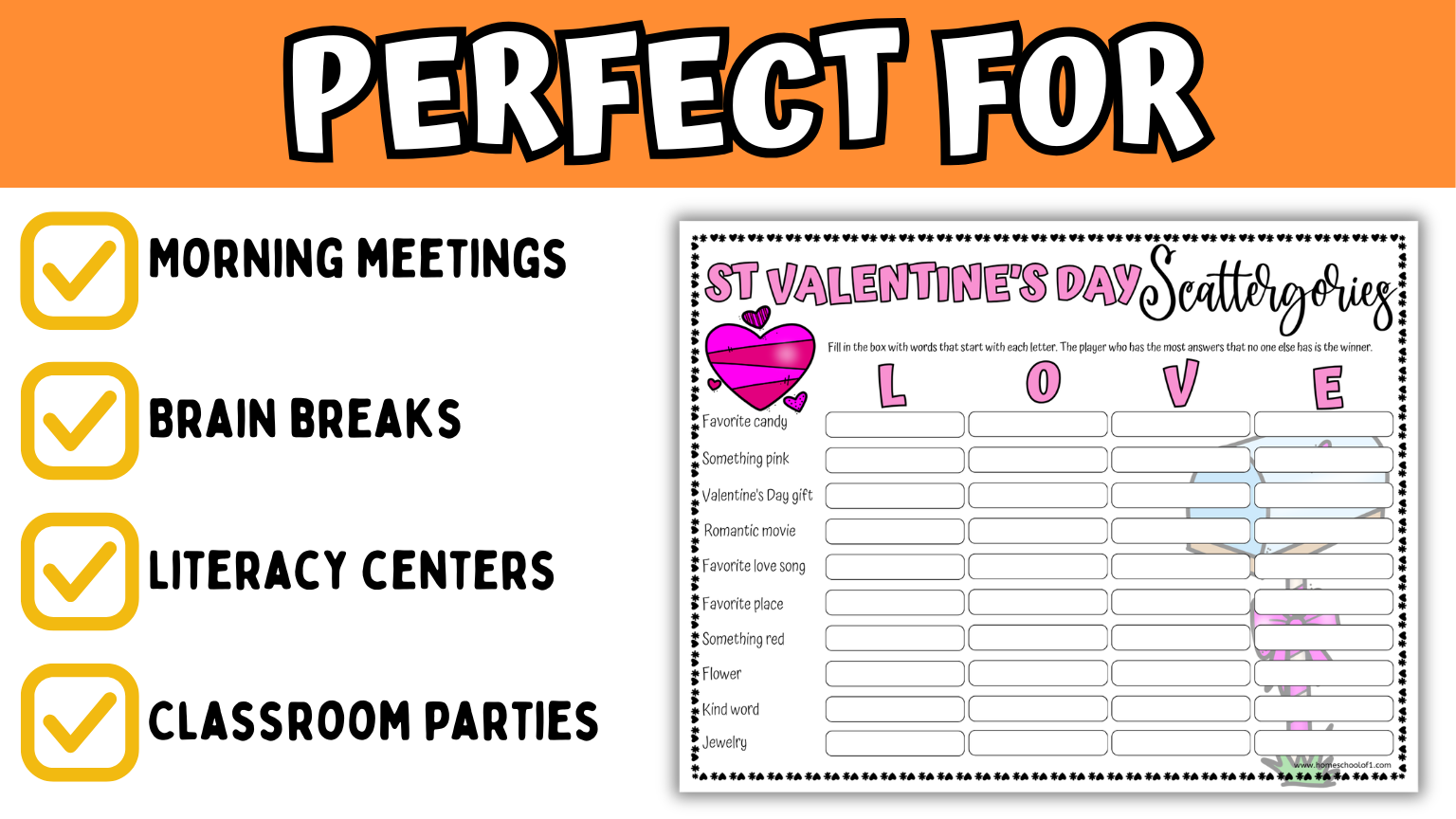 Scattergories classroom activity for morning meetings, brain breaks, literacy centers, classroom parties, and homeschool learning.