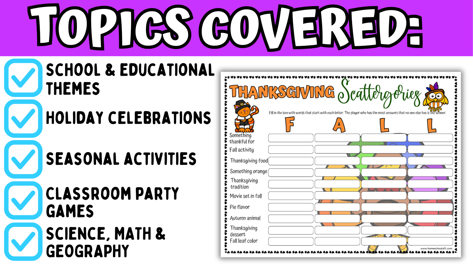 Scattergories classroom game covering school themes, holiday celebrations, seasonal activities, science, math, and geography.