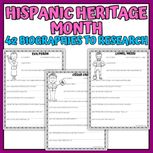 Hispanic Heritage Month biography research worksheets featuring 42 influential Hispanic figures for printable social studies and history lessons.
