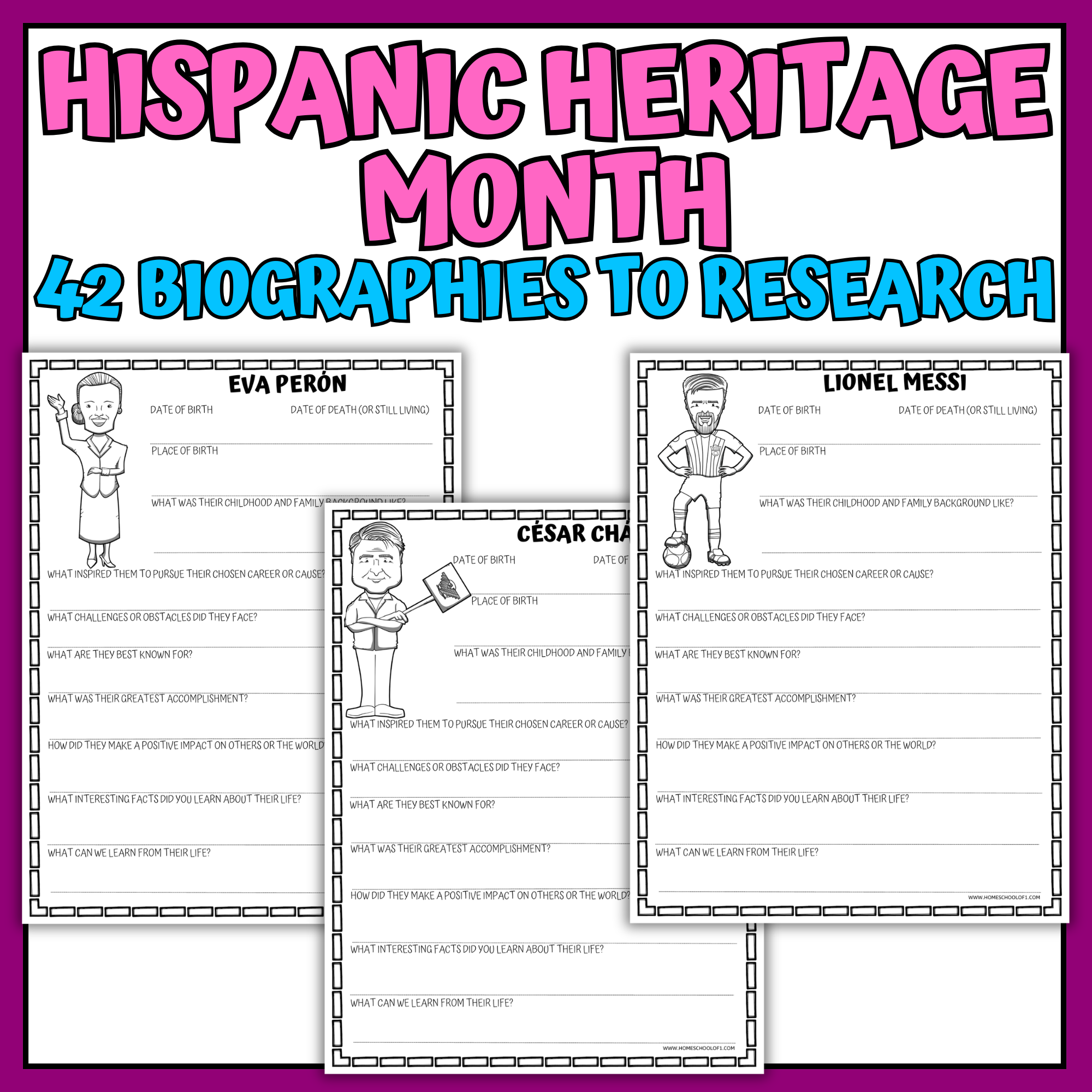 Hispanic Heritage Month biography research worksheets featuring 42 influential Hispanic figures for printable social studies and history lessons.