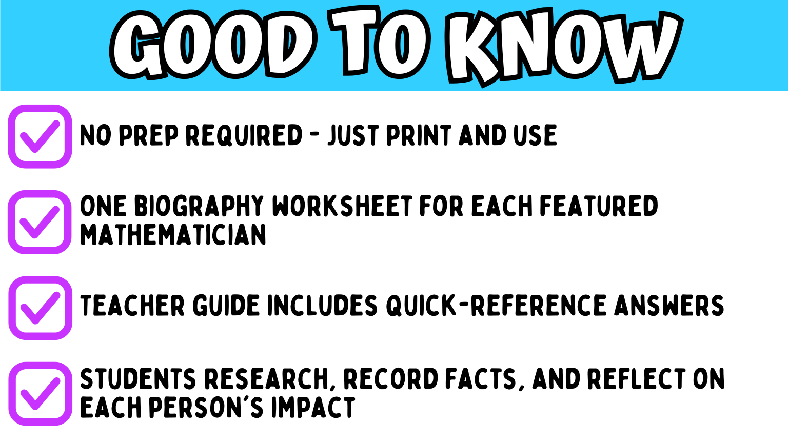 Printable mathematician biography worksheets with teacher answer guide for famous math history research projects