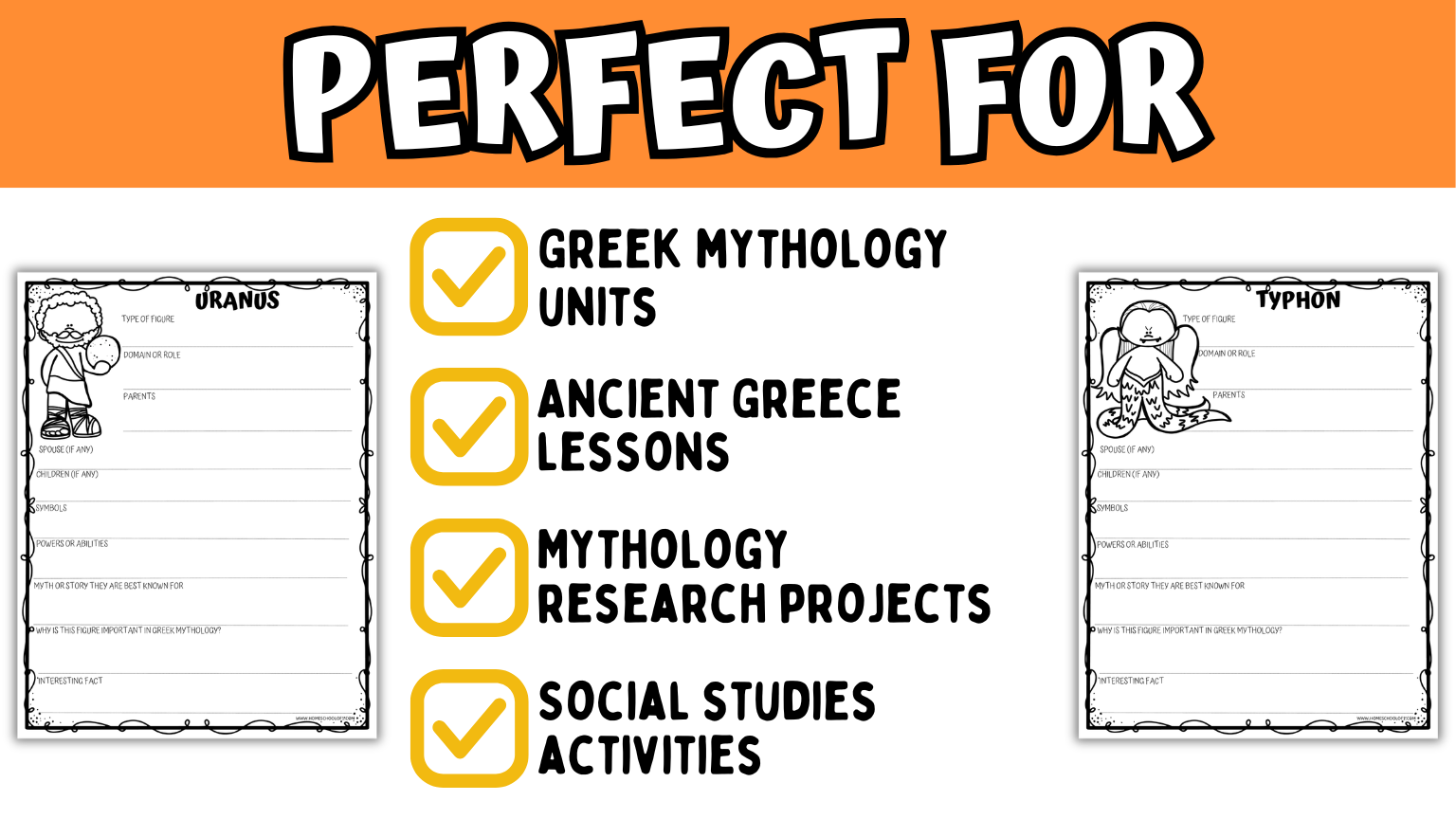Printable Greek mythology worksheets with teacher answer guide for mythology research projects and Ancient Greece studies