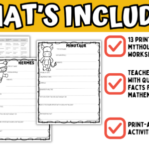 Printable Greek mythology research worksheets with teacher answer guide for Greek gods, heroes, and mythology lessons