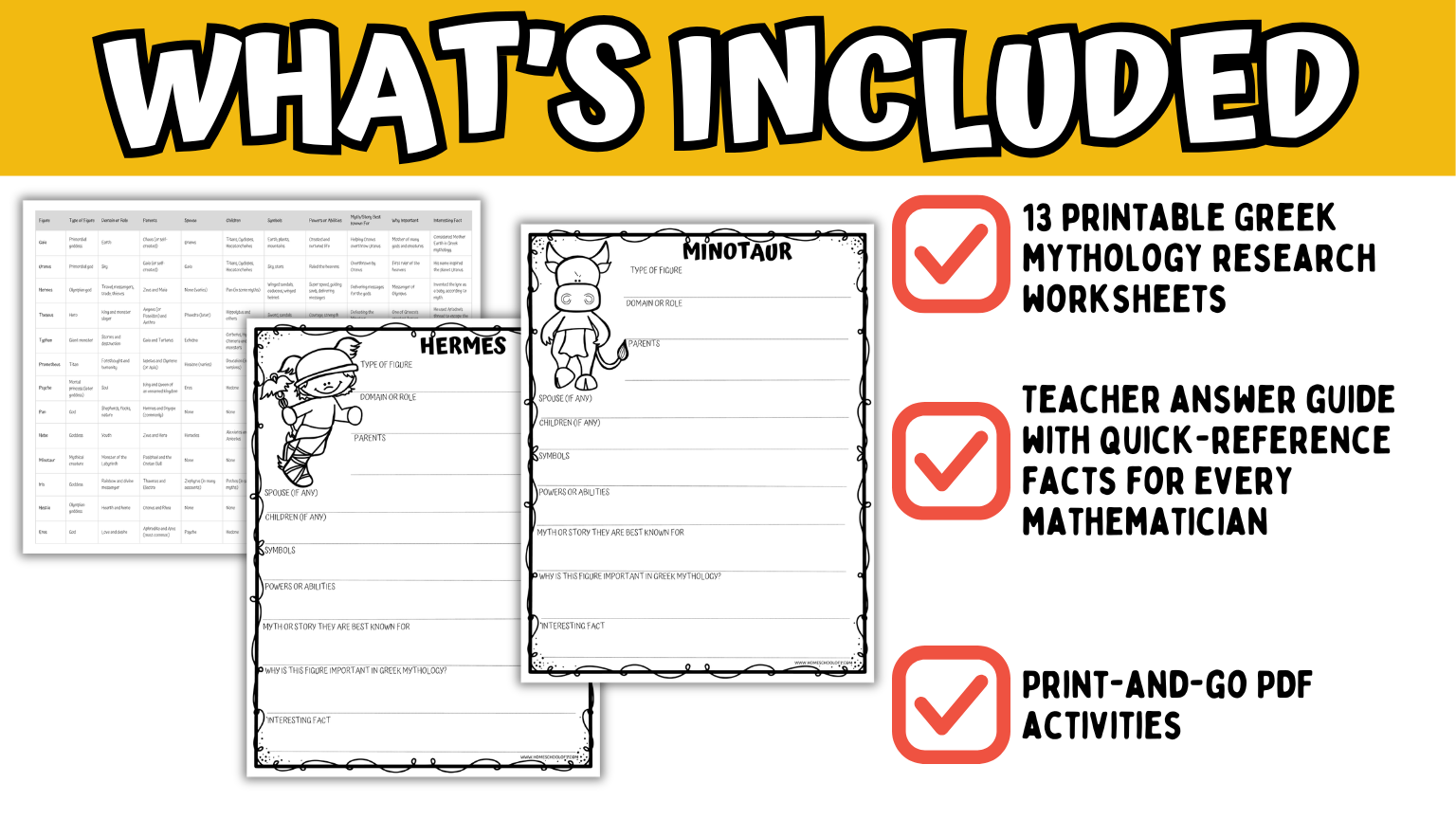 Printable Greek mythology research worksheets with teacher answer guide for Greek gods, heroes, and mythology lessons