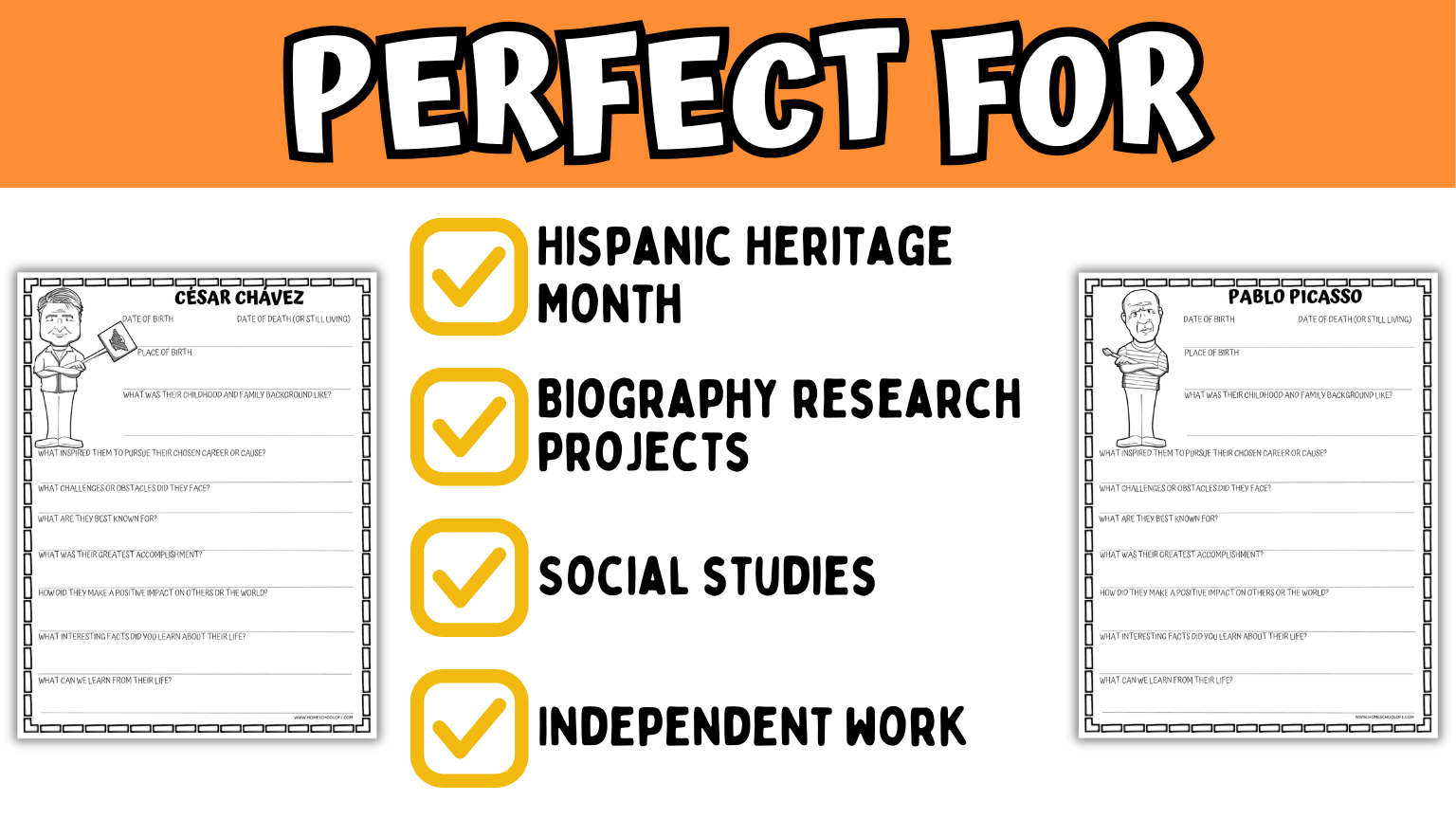 Printable Hispanic Heritage Month research project worksheets for social studies, biography studies, independent work, and classroom activities for grades 3–8.