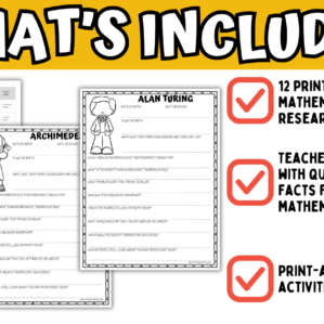 Printable famous mathematician research project with biography worksheets, teacher answer key, and math history activities