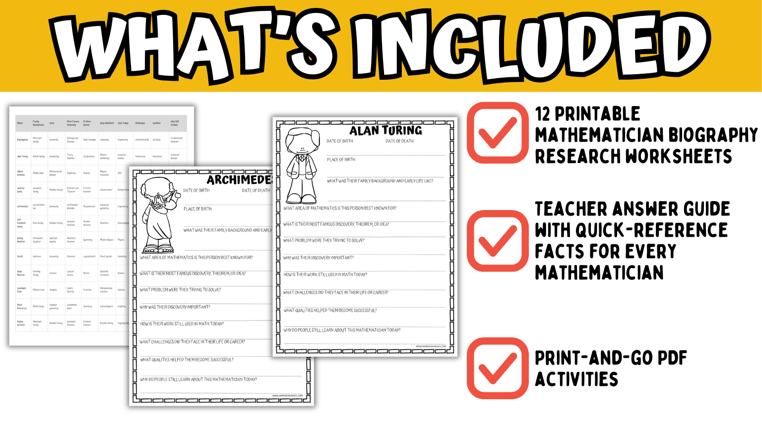 Printable famous mathematician research project with biography worksheets, teacher answer key, and math history activities