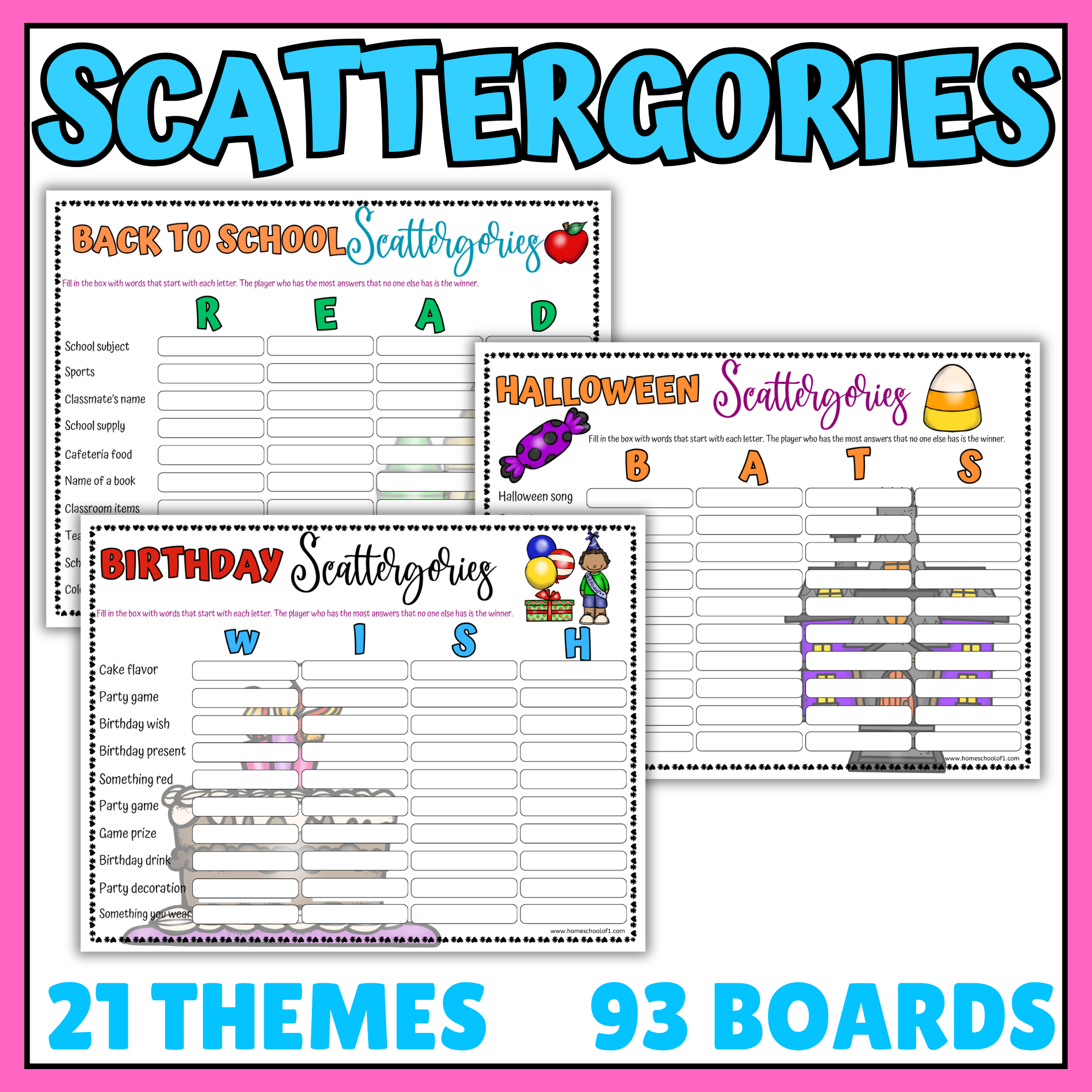 Scattergories printable game with 21 themed classroom activities featuring holiday, seasonal, math, science, and geography word games for kids.