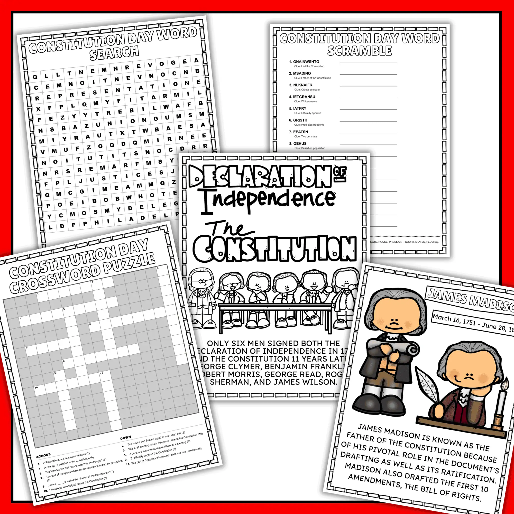 Constitution Day worksheets, puzzles and coloring pages