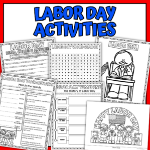 Labor Day activities for kids with comprehension, vocabulary, history timeline, word search, coloring, and puzzles