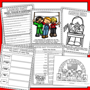 Labor Day worksheets with reading comprehension, history timeline, vocabulary matching, coloring pages, and printable crown