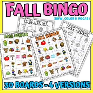 Fall bingo printable with 120 boards in 4 versions plus calling cards