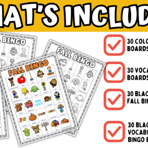 Fall bingo printables with 30 color, vocabulary, and black and white bingo cards
