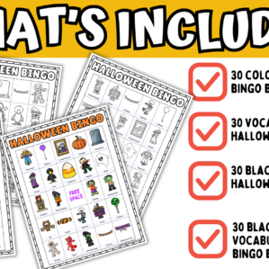 Halloween bingo game with 120 unique printable boards in four versions for preschool and elementary students.