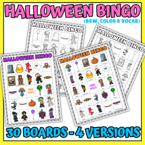 Halloween bingo printable with 30 unique bingo boards in four versions, including color, black and white, picture, and vocabulary bingo cards.