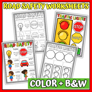 Road safety worksheets for kids with traffic light and road crossing activities in color and black and white