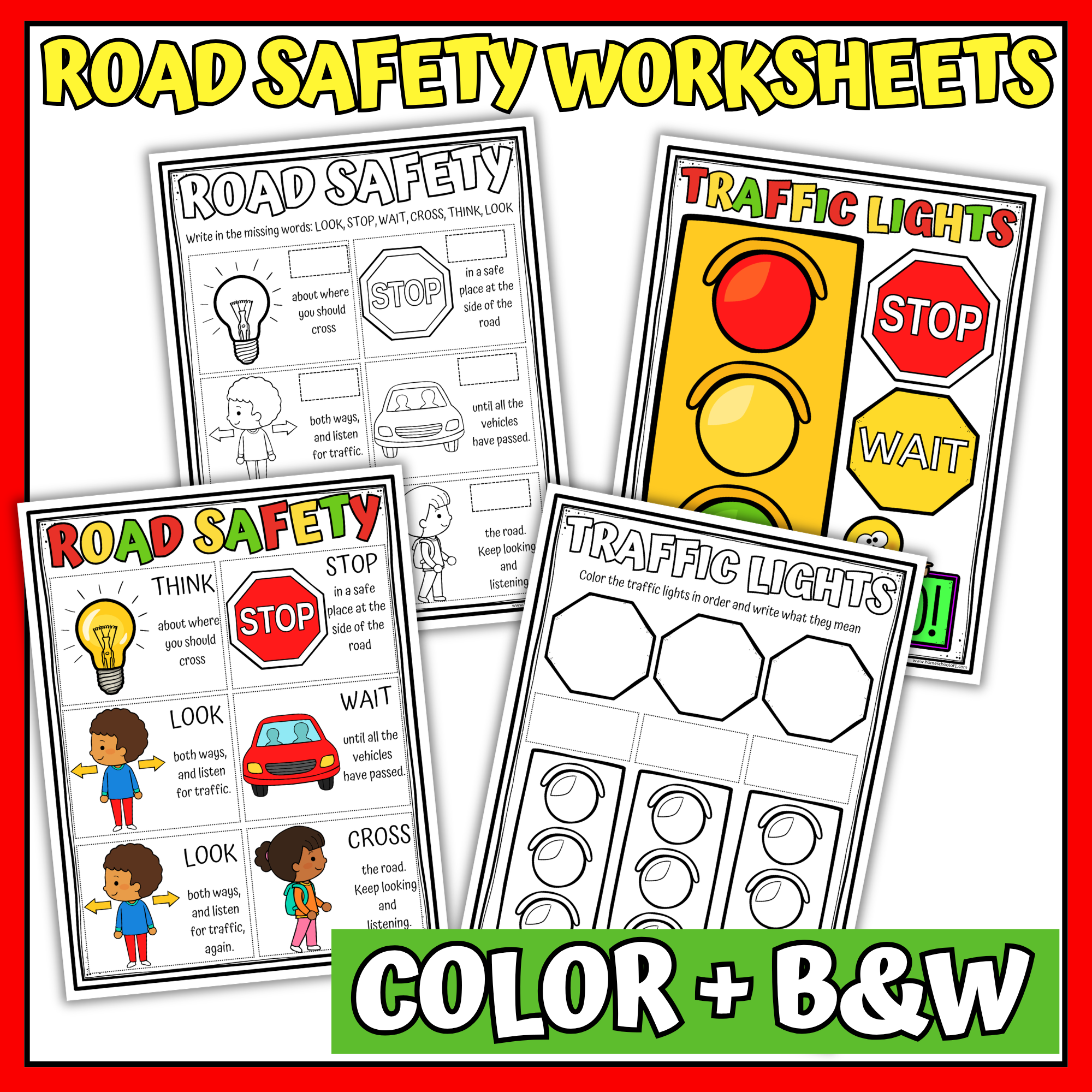 Road safety worksheets for kids with traffic light and road crossing activities in color and black and white